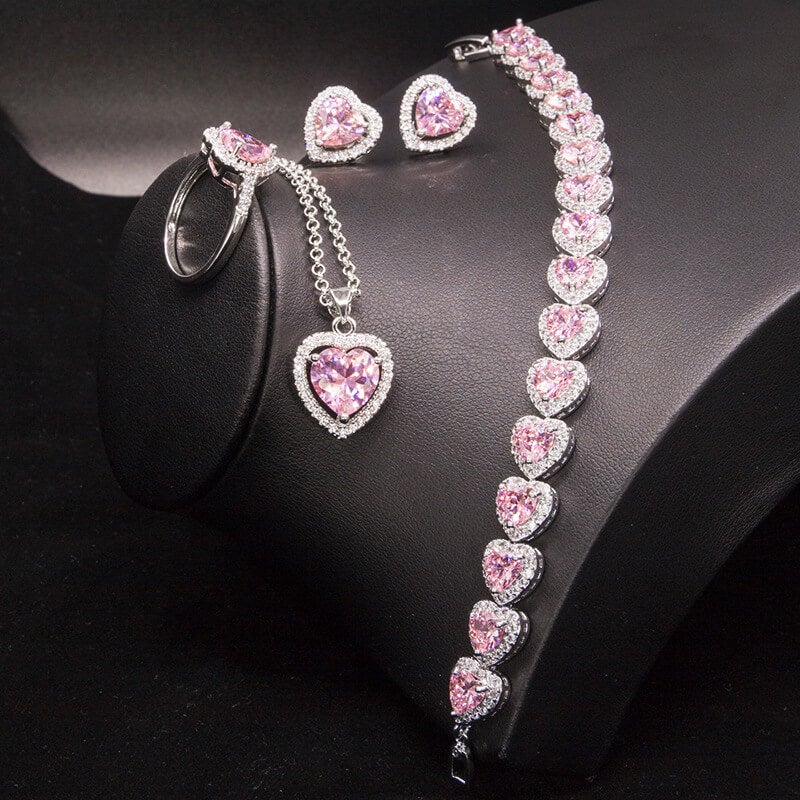 Pink Heart Zircon White Gold Necklace Bracelet Ring and Earrings Four Piece-silviax