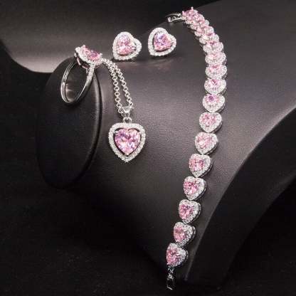 Pink Heart Zircon White Gold Necklace Bracelet Ring and Earrings Four Piece-silviax