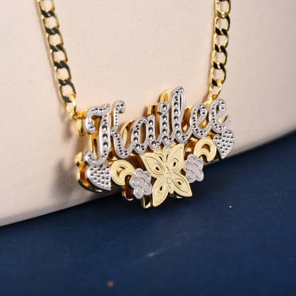 Double Layer Two Tone With Butterfly Flower And Heart Personalized Custom Name Necklace-silviax