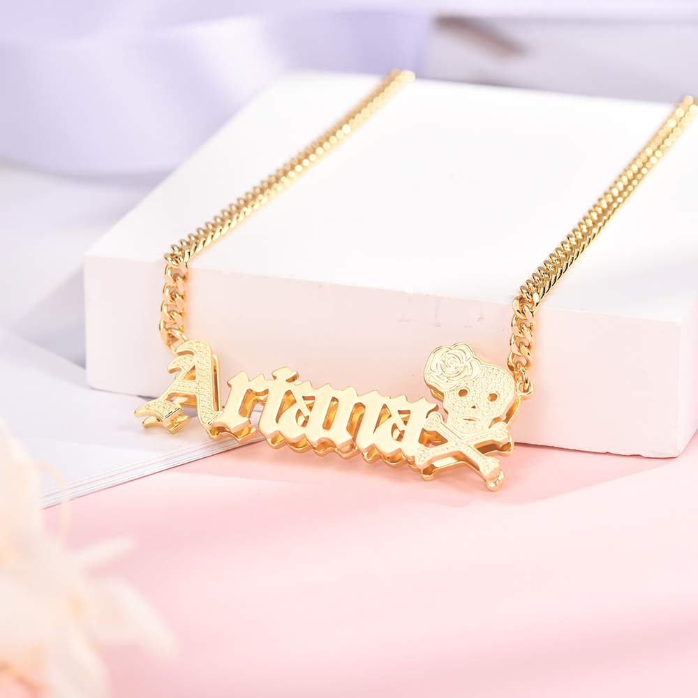 Halloween Cuban Chain Skull and Rose Double Layer Personalized Custom Old English Name Necklace-silviax
