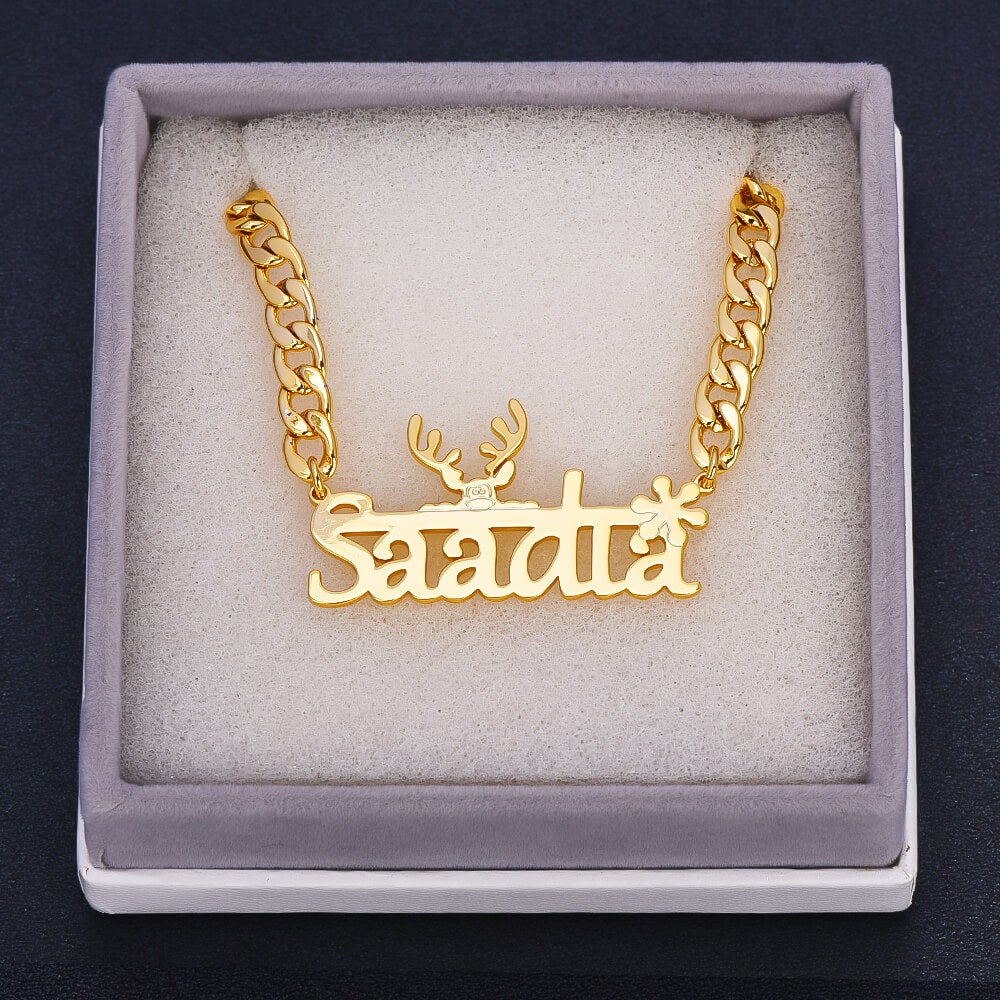 Elk And Snowflake With Cuban Chain Personalized Custom Gold Plated Name Necklace-silviax