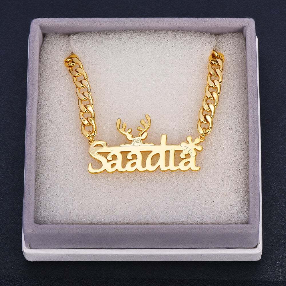 Elk And Snowflake With Cuban Chain Personalized Custom Gold Plated Name Necklace-silviax