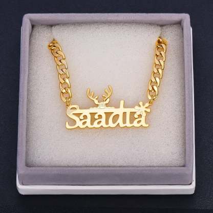 Elk And Snowflake With Cuban Chain Personalized Custom Gold Plated Name Necklace-silviax