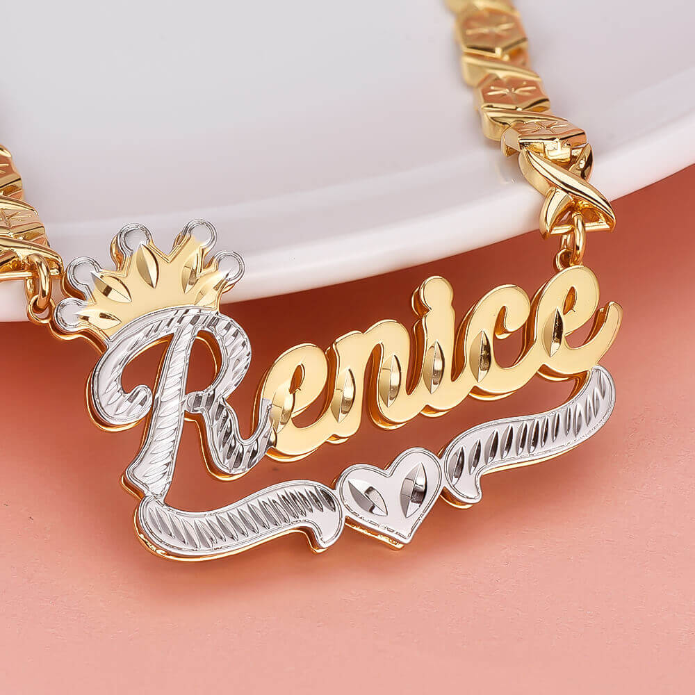 Double Layer Two Tone Crown xoxo Chain Personalized Custom Gold Plated Name Necklace-silviax