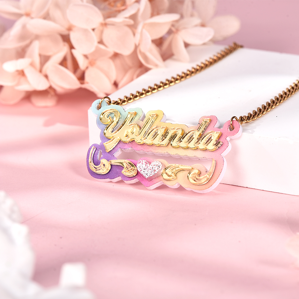 Personalized Custom Double Plate Colorful Acrylic Nameplate with Heart Gold Plated Name Necklace