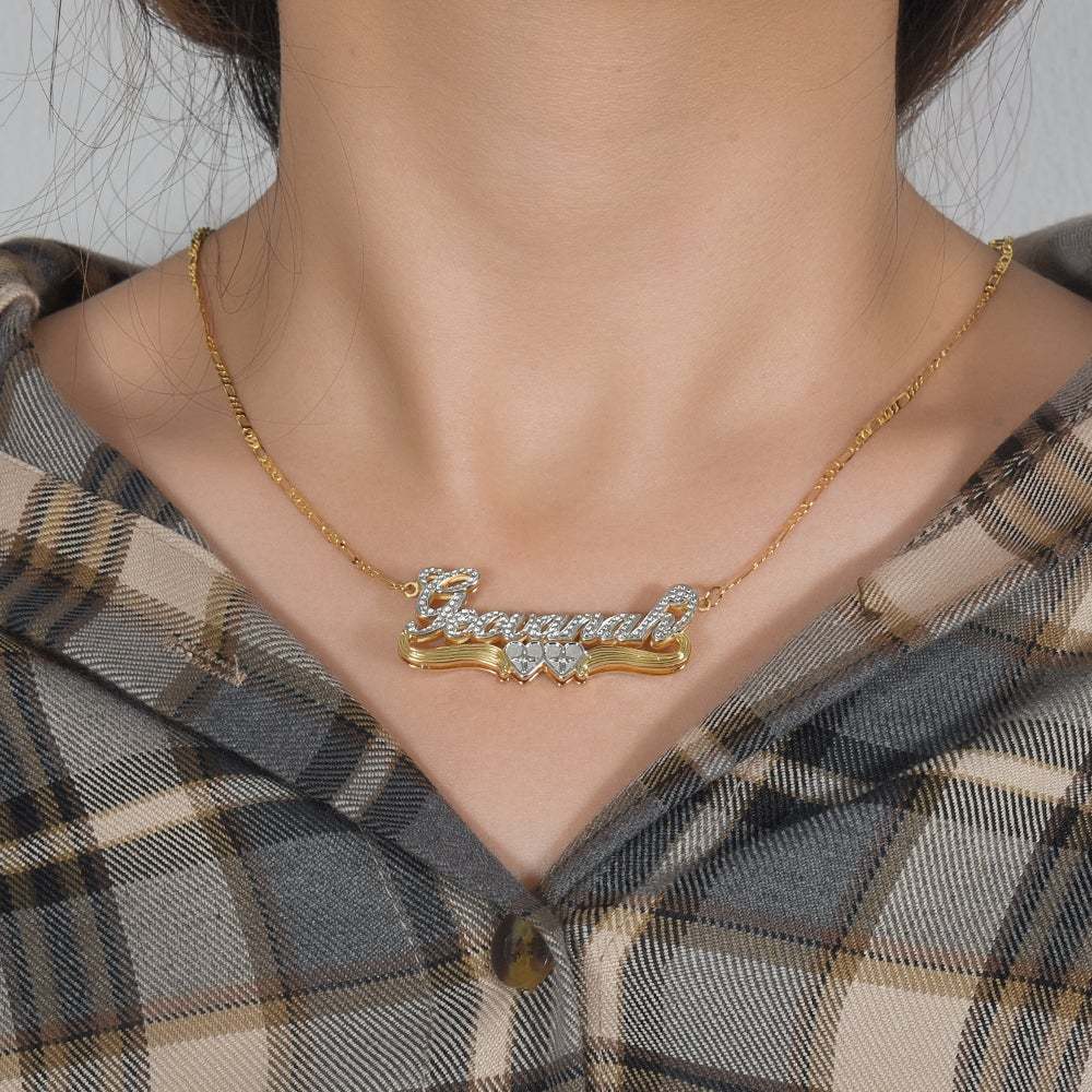 Two Tone Double Plate Gold Plated Personalized Two Heart 3D Name Necklace-silviax