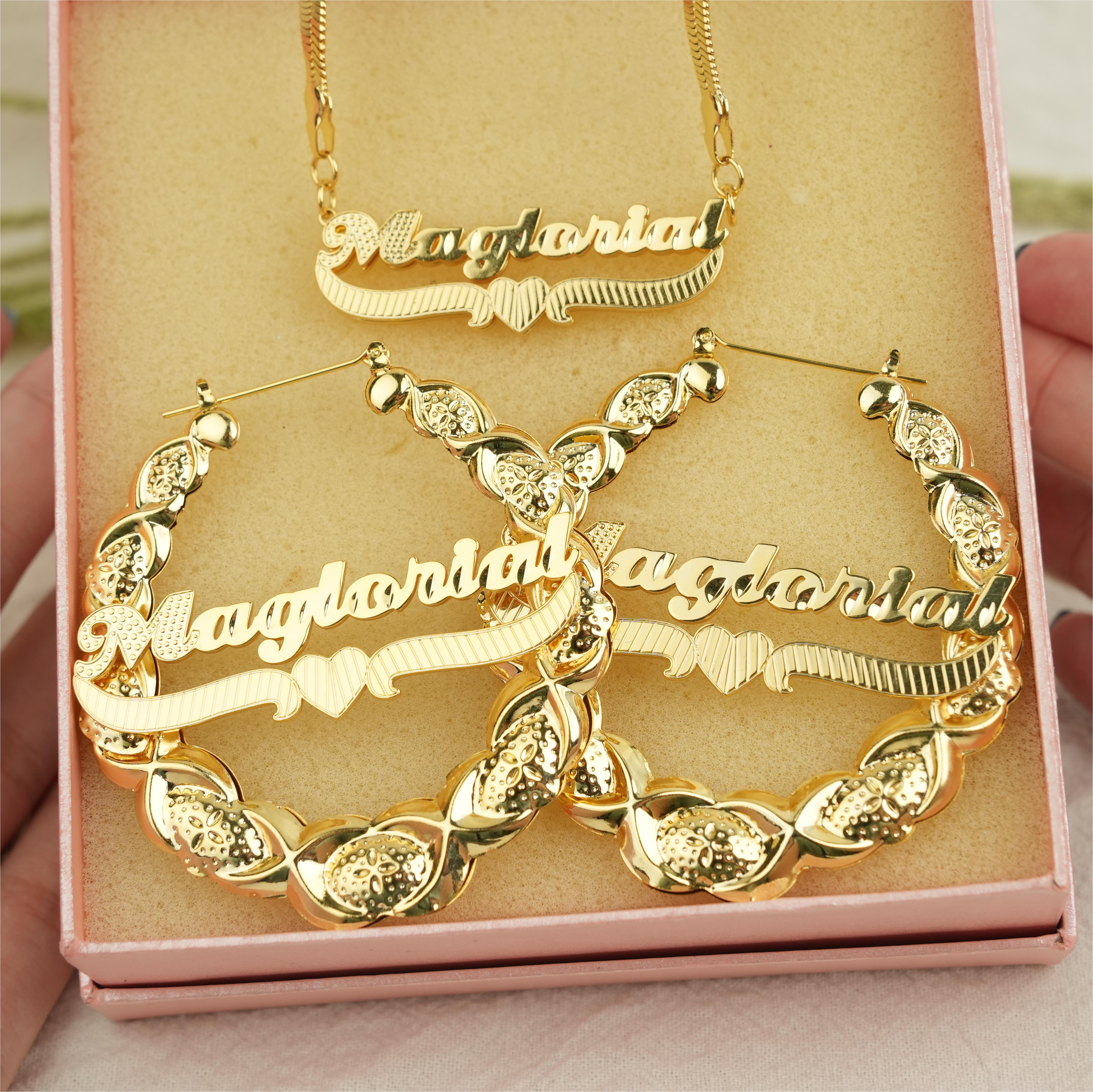 Snake Chain Double Layer Heart Name Necklace And XOXO Bamboo Earrings with Heart Jewelry Set