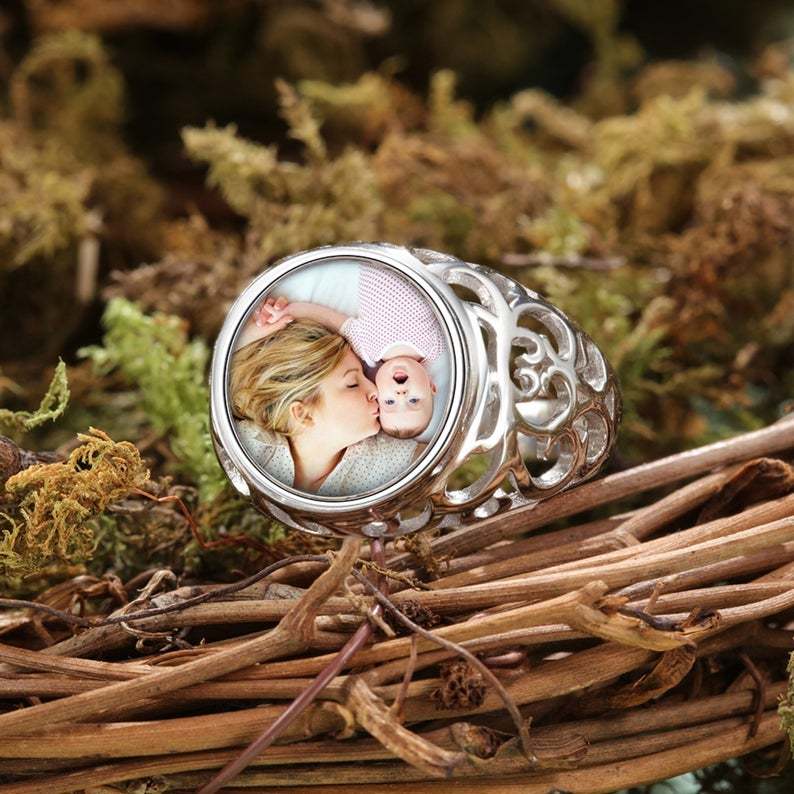 Round Photo Engraved Name Personalized Custom Gold Plated Photo Ring-silviax