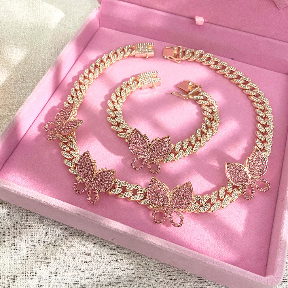 Butterfly Necklace Bracelets Hip Hop Iced Out Cuban Chain Jewelry Set-silviax