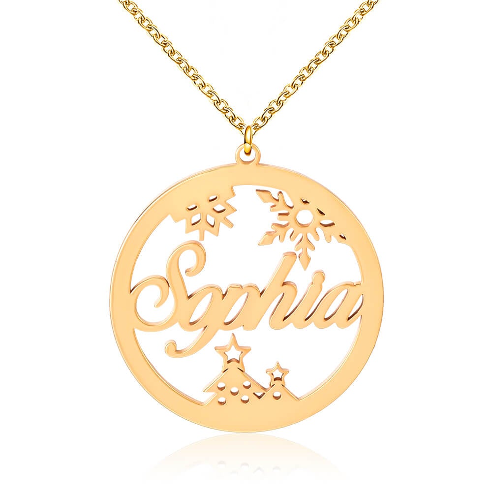 Snowflake Christmas Tree Round Pendant Personalized Custom Gold Plated Name Necklace-silviax