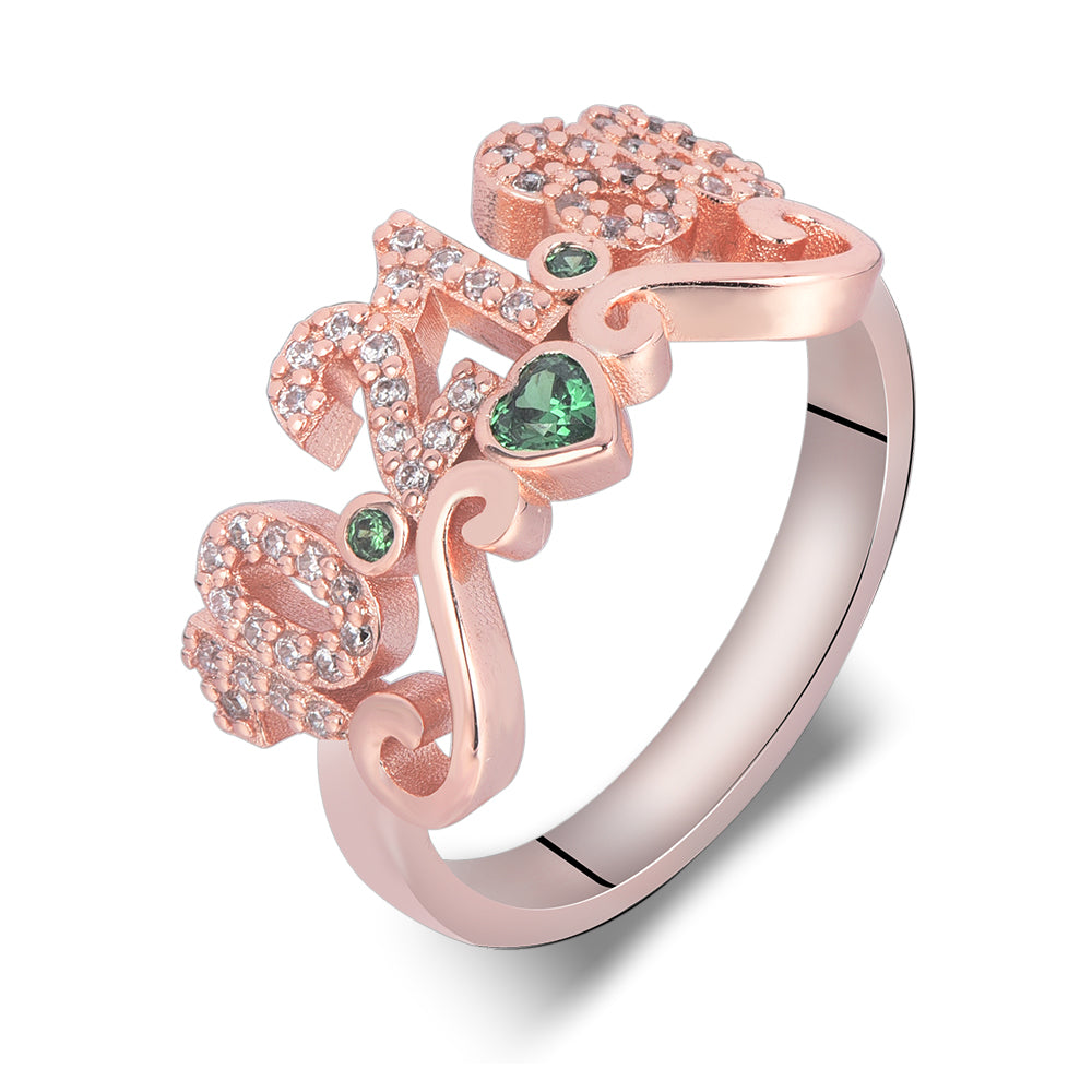 Personalized CZ Pave Date Ring with Birthstone and Heart Anniversary Ring