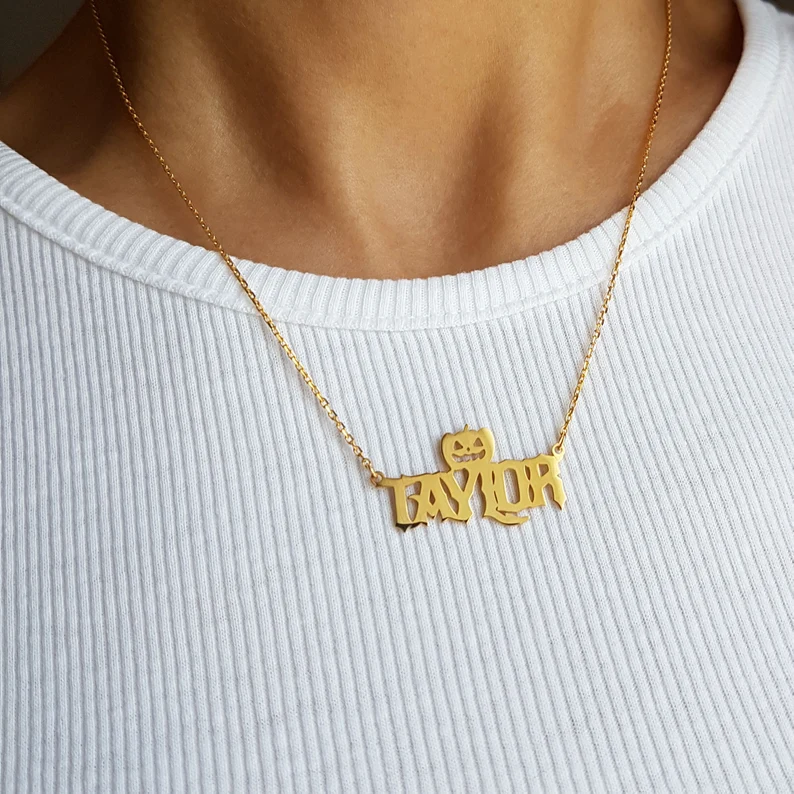 Halloween Personalized Custom Gold Plated Pumpkin Name Necklace-silviax