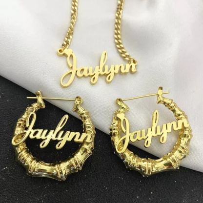Personalized Custom Gold Plated Nameplate with Heart Jewelry Set Name Necklace and Hoop Earrings Christmas Gift-silviax