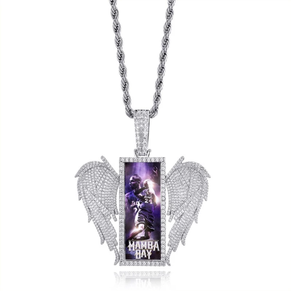 Angel Wings Rectangular Photo Frame Pendant Custom Necklace with Zircon Hip Hop Style-silviax