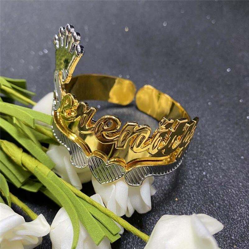 Two Tone Nameplate with Crown Heart Cuff Bangle Personalized Custom Gold Plated Name Bracelet-silviax