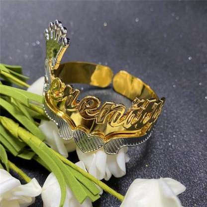 Two Tone Nameplate with Crown Heart Cuff Bangle Personalized Custom Gold Plated Name Bracelet-silviax