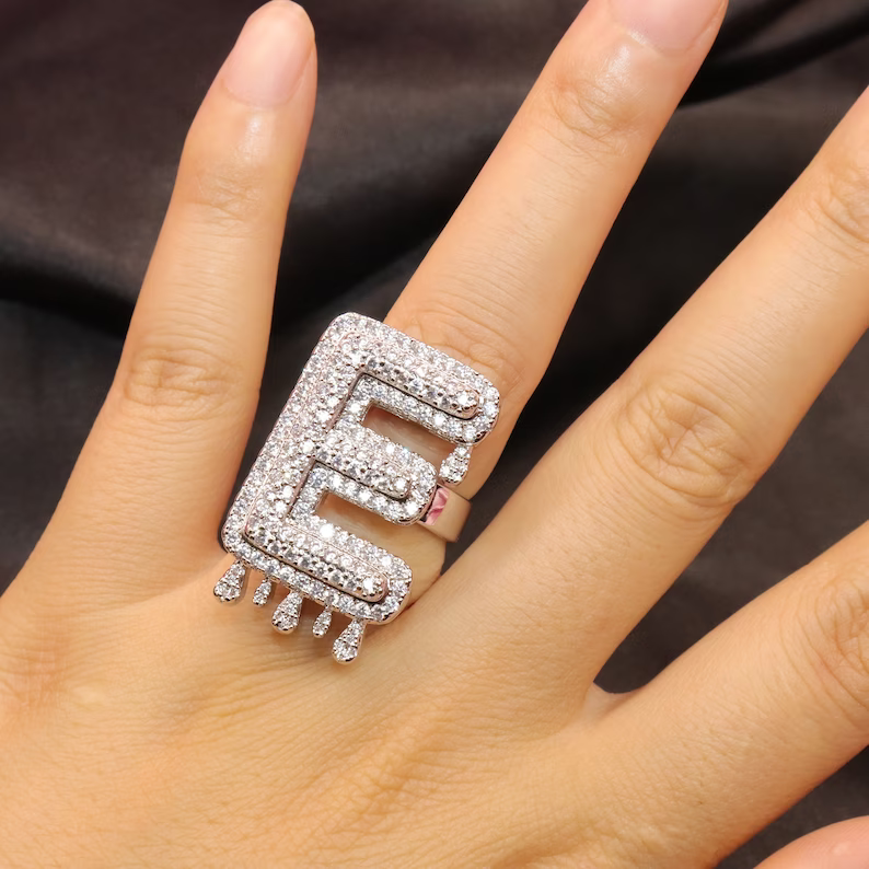 Drip Letter Number Personalized Custom White Gold Initial Ring Hip Hop Style-silviax
