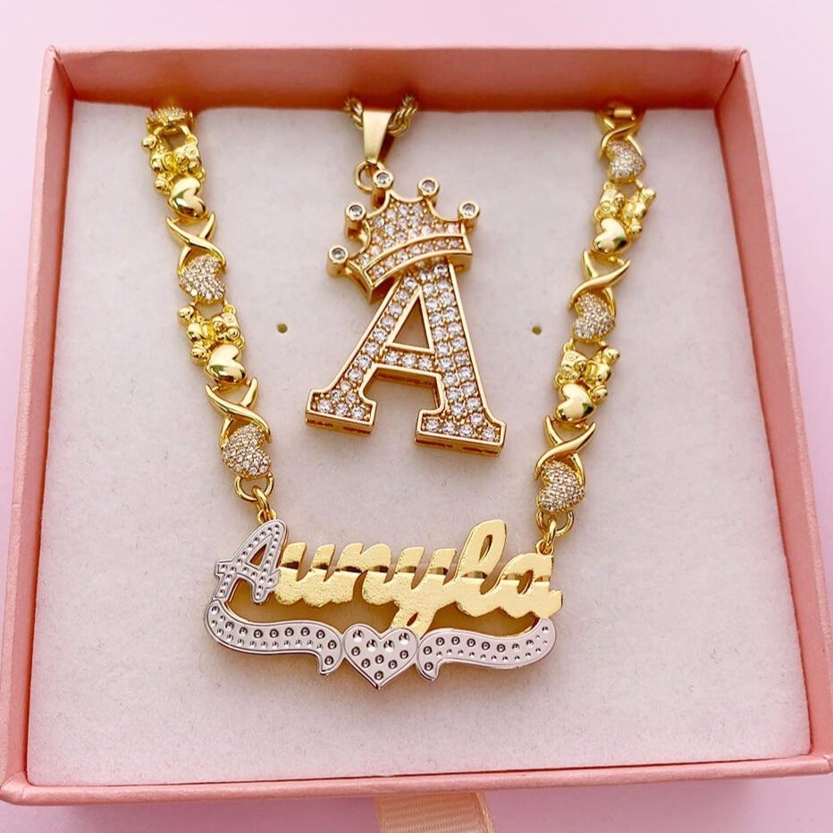 Personalized Double Layer Two Tone with Teddy Bear Heart XOXO Chain Name Necklace and Crown Initial Necklace Set-silviax