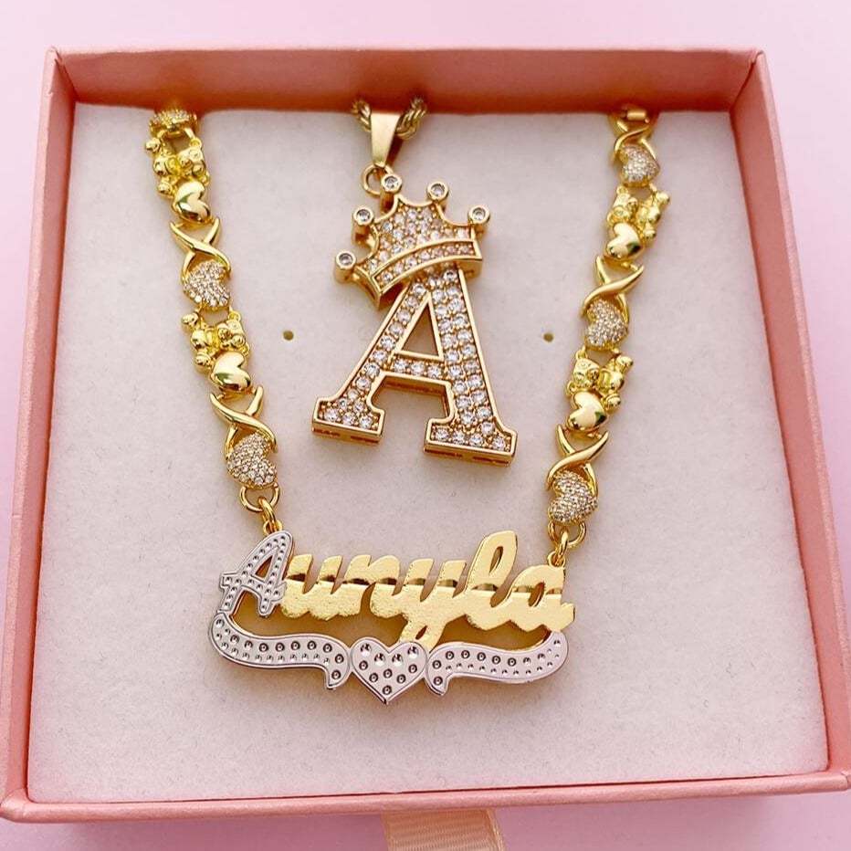 Personalized Double Layer Two Tone with Teddy Bear Heart XOXO Chain Name Necklace and Crown Initial Necklace Set-silviax