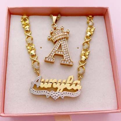 Personalized Double Layer Two Tone with Teddy Bear Heart XOXO Chain Name Necklace and Crown Initial Necklace Set-silviax
