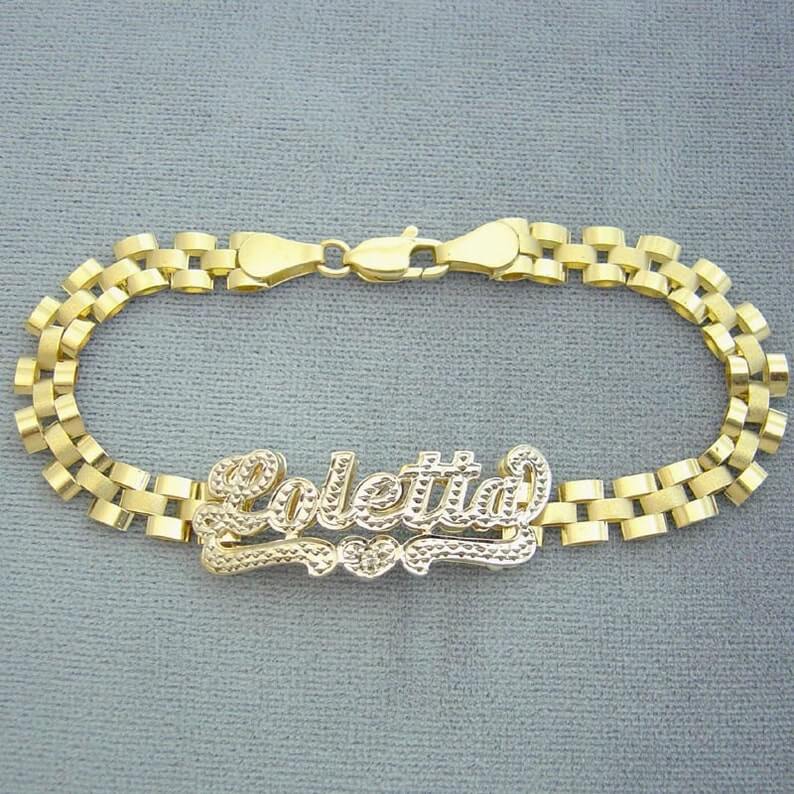 6mm Watch Band Chain Double Layer Two Tone with Heart Personalized Custom Gold Plated Name Bracelet-silviax