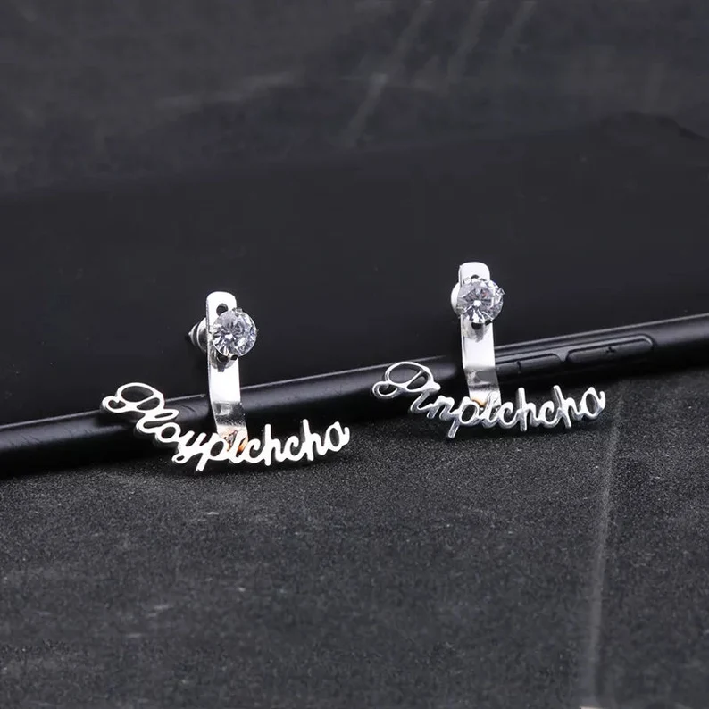 Personalized Custom Crystal Nameplate White Gold Name Stud Earrings-silviax