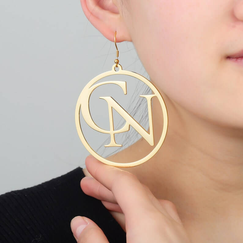 30 mm And 60 mm Letters Personalized Custom Gold Plated Hoop Initial Earrings-silviax