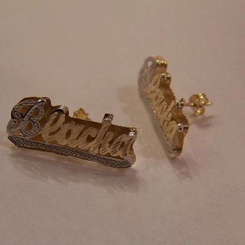 Double Plate Two Tone Nameplate Personalized Custom Gold Plated Name Earrings-silviax