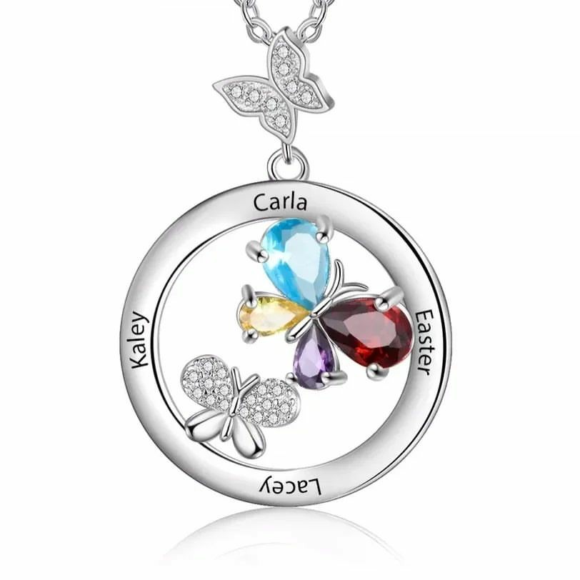 Circle 4 Names Butterfly Pendant Personalized Custom Name Necklace with Birthstone Women Family Gift-silviax