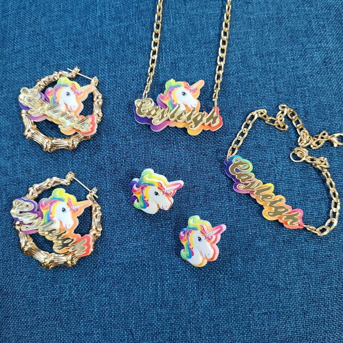 Colorful Acrylic Unicorn 4 Pcs Jewelry Set Personalized Name Necklace Bracelet Earrings -silviax