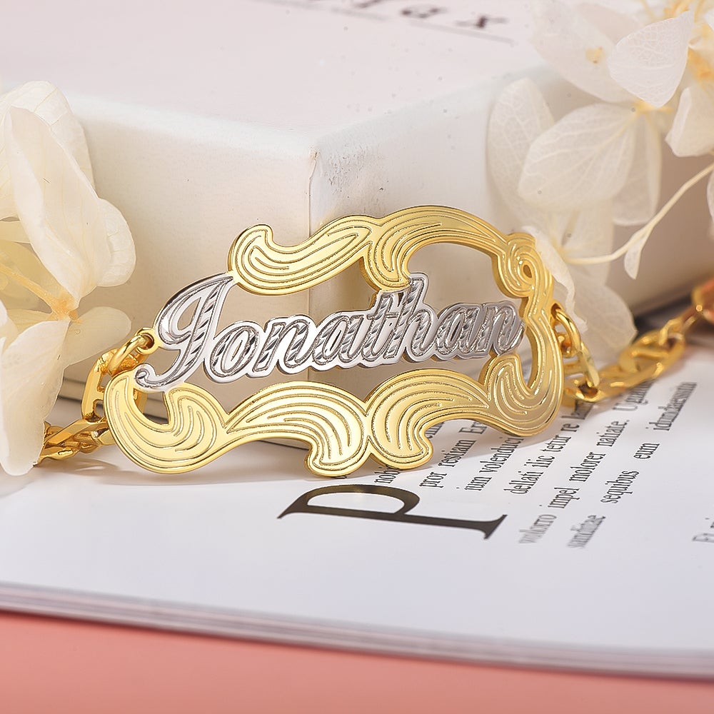Spray Two Tone Custom Name Necklace Bracelet Set Gold Plated