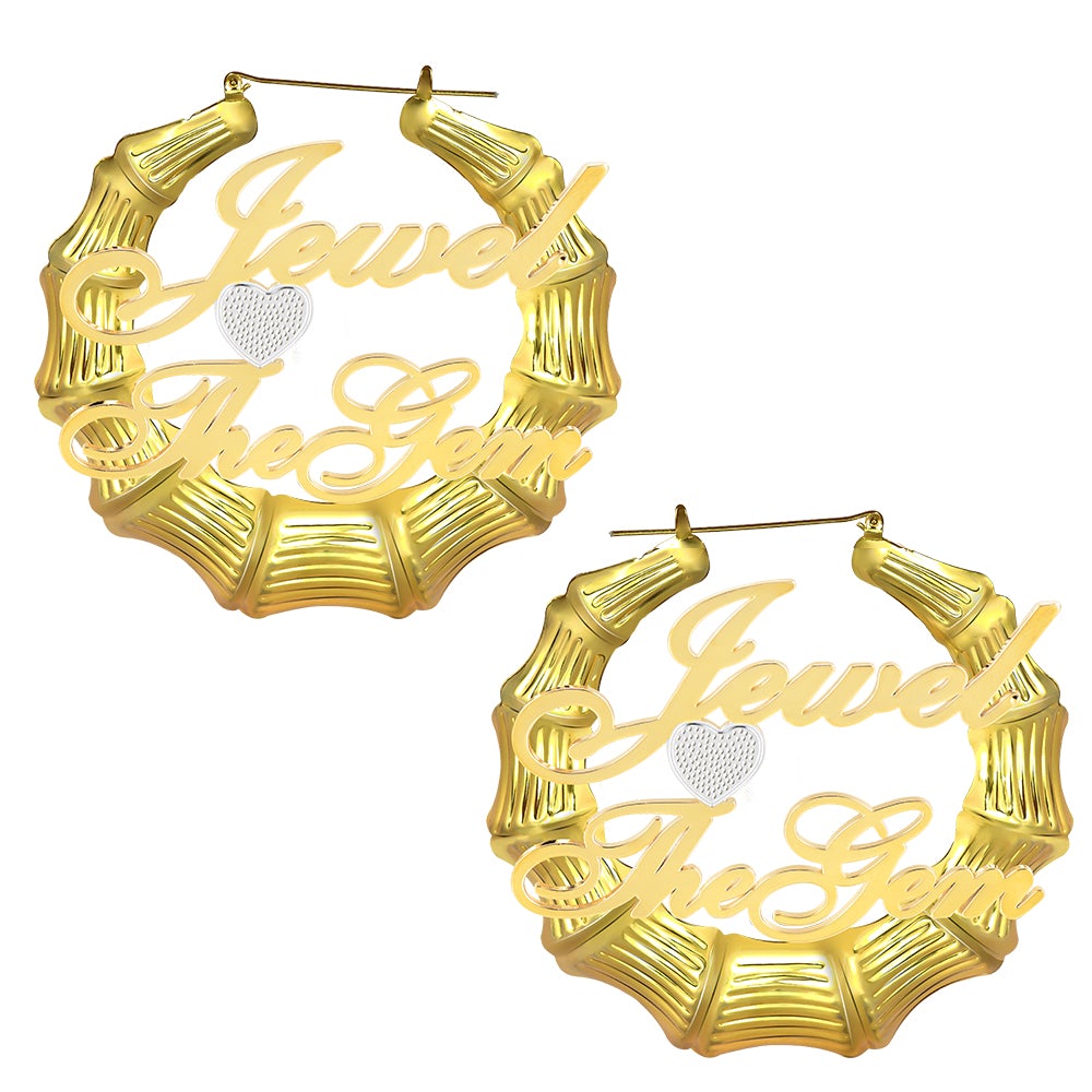 Heart Two Tone Two Names Bamboo Gold Plated Earrings-silviax