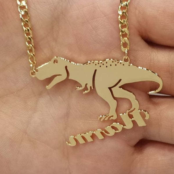 Dinosaur Nameplate Pendant Personalized Custom Gold Plated Name Necklace-silviax