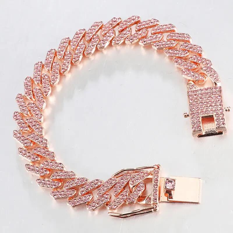 12MM Rose Gold Cuban Chain 2 Row Iced Out Bling Rhinestone Zircon Paved Bracelet-silviax