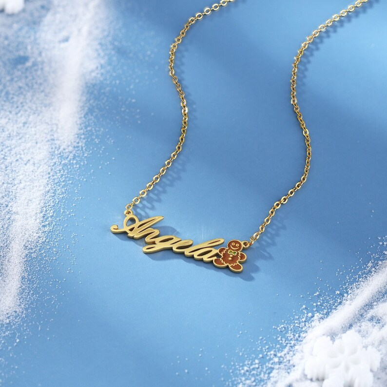 Christmas Gingerbread Man Nameplate Gold Plated Personalized Custom Name Necklace