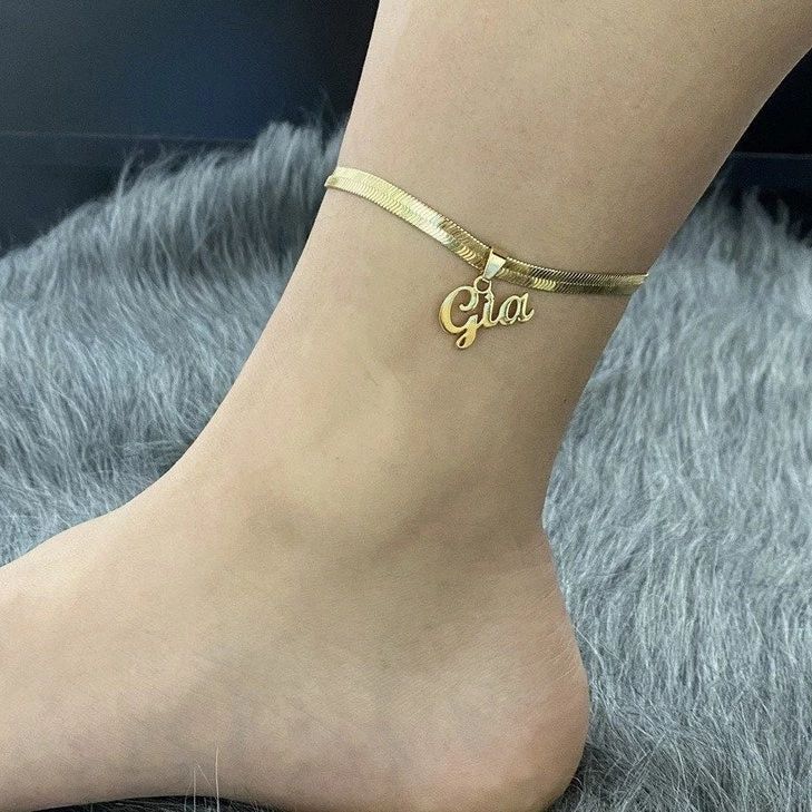 Personalized Gold Plated Herringbone Name Anklets for Women-silviax