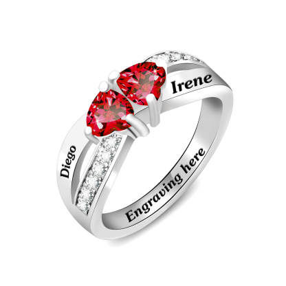 Personalized 2 Heart Birthstone And 2 Names Mothers Engraved Ring-silviax