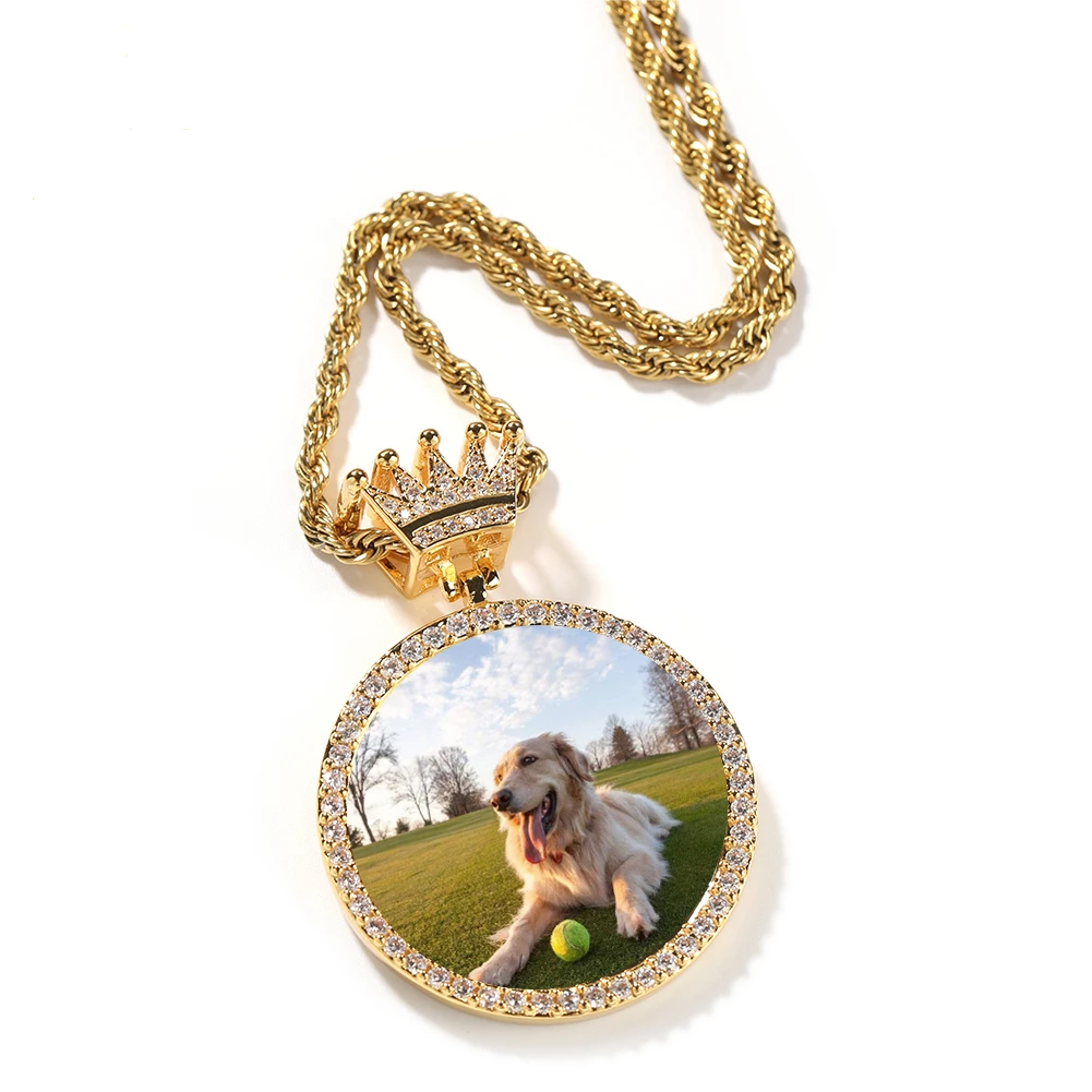 Crown Clasp Medallions Custom Photo Memory Circular Pendant Necklace Gold Plated Necklace