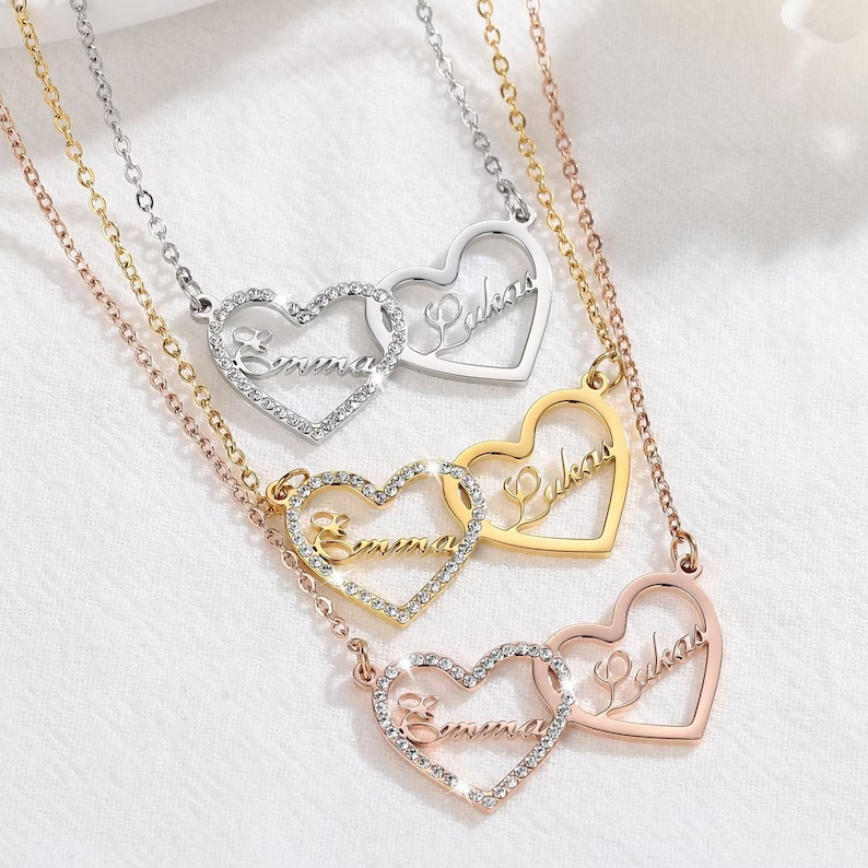 Zirconia Dual Name With Double Heart Pendant Personalized Gold Plated 