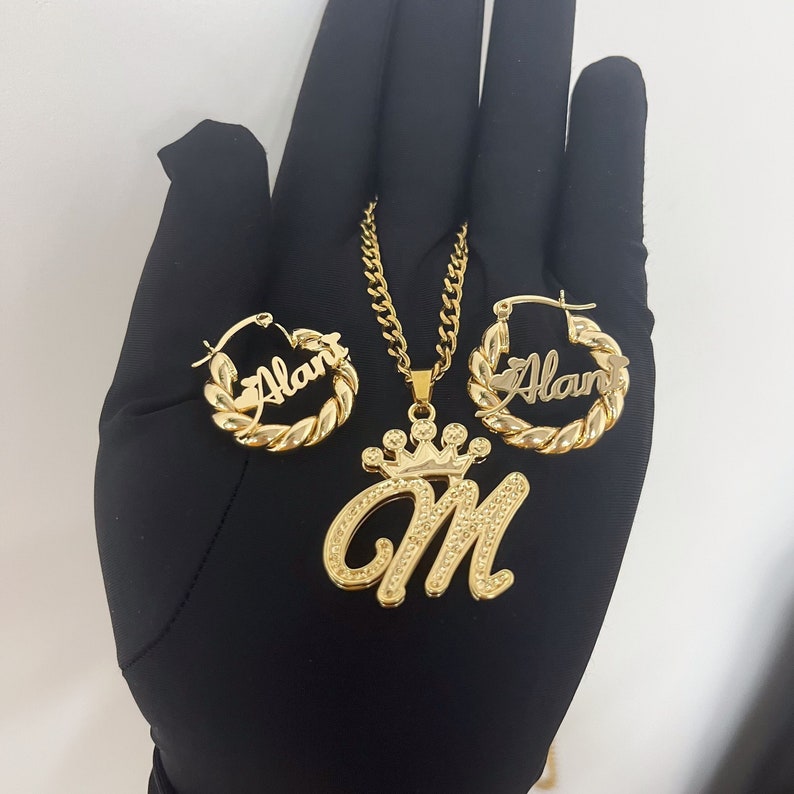 Personalized Custom Gold-Plated Crown Initial Necklace & Mini Hoop Earrings Set