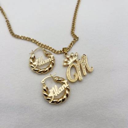  Personalized Custom Gold-Plated Crown Initial Necklace & Mini Hoop Earrings Set