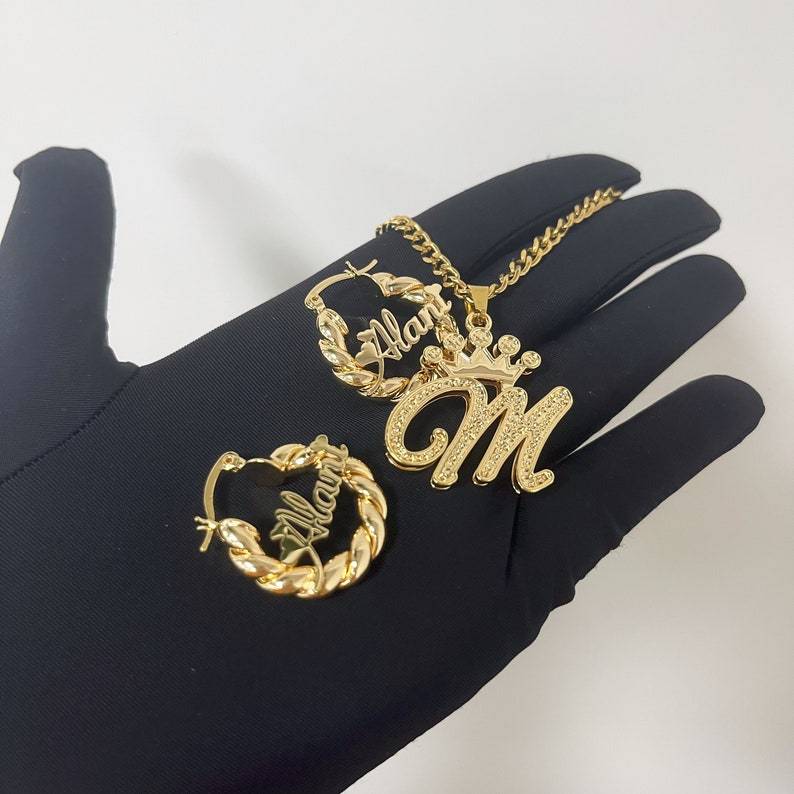  Personalized Custom Gold-Plated Crown Initial Necklace & Mini Hoop Earrings Set