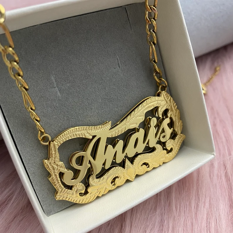 Custom Double Layer Diamond Cut 3D Name Necklace Gold Plate-silviax