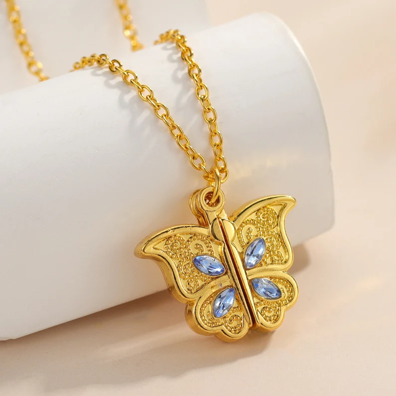 Personalized Custom Gold Plated Butterfly Locket Necklace with Photo-silviax