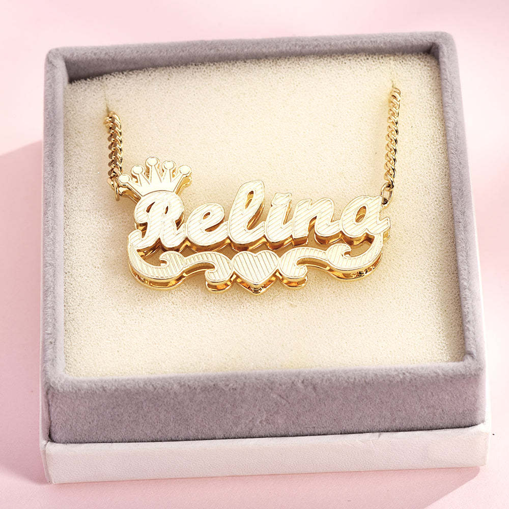 Teddy XOXO Chain Crown Heart Name Bracelet and Double Layer Crown Heart Name Necklace Personalized Custom Gold Plated Set-silviax