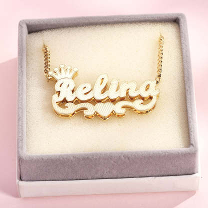 Teddy XOXO Chain Crown Heart Name Bracelet and Double Layer Crown Heart Name Necklace Personalized Custom Gold Plated Set-silviax