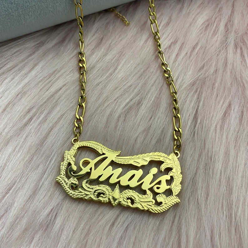 Custom Double Layer Diamond Cut 3D Name Necklace Gold Plate-silviax