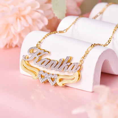 Two Tone Gold Plated Personalized Hollow Heart Double Plate 3D Name Necklace-silviax