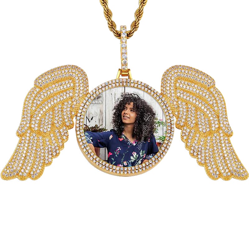 Angel Wings Round Pendant Photo Necklace Gold Plated-silviax