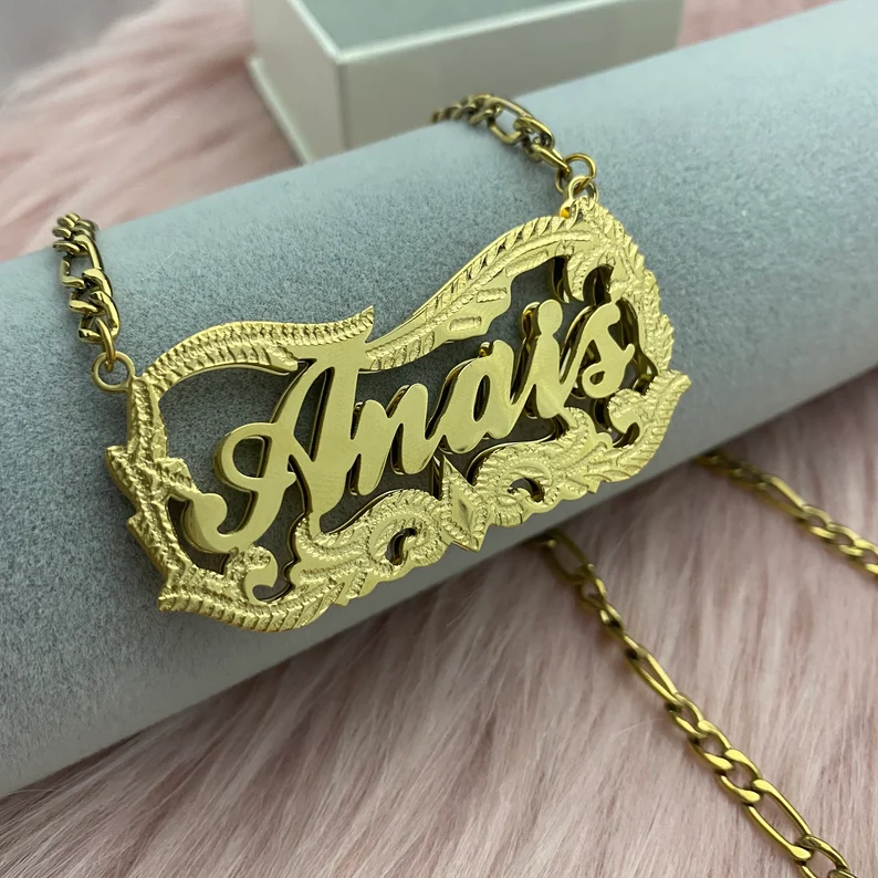 Custom Double Layer Diamond Cut 3D Name Necklace Gold Plate-silviax